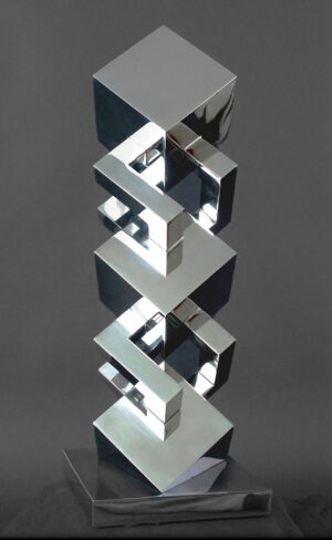 John Whitehead sculpture, Cubexistentialism, mirrored stainless steel