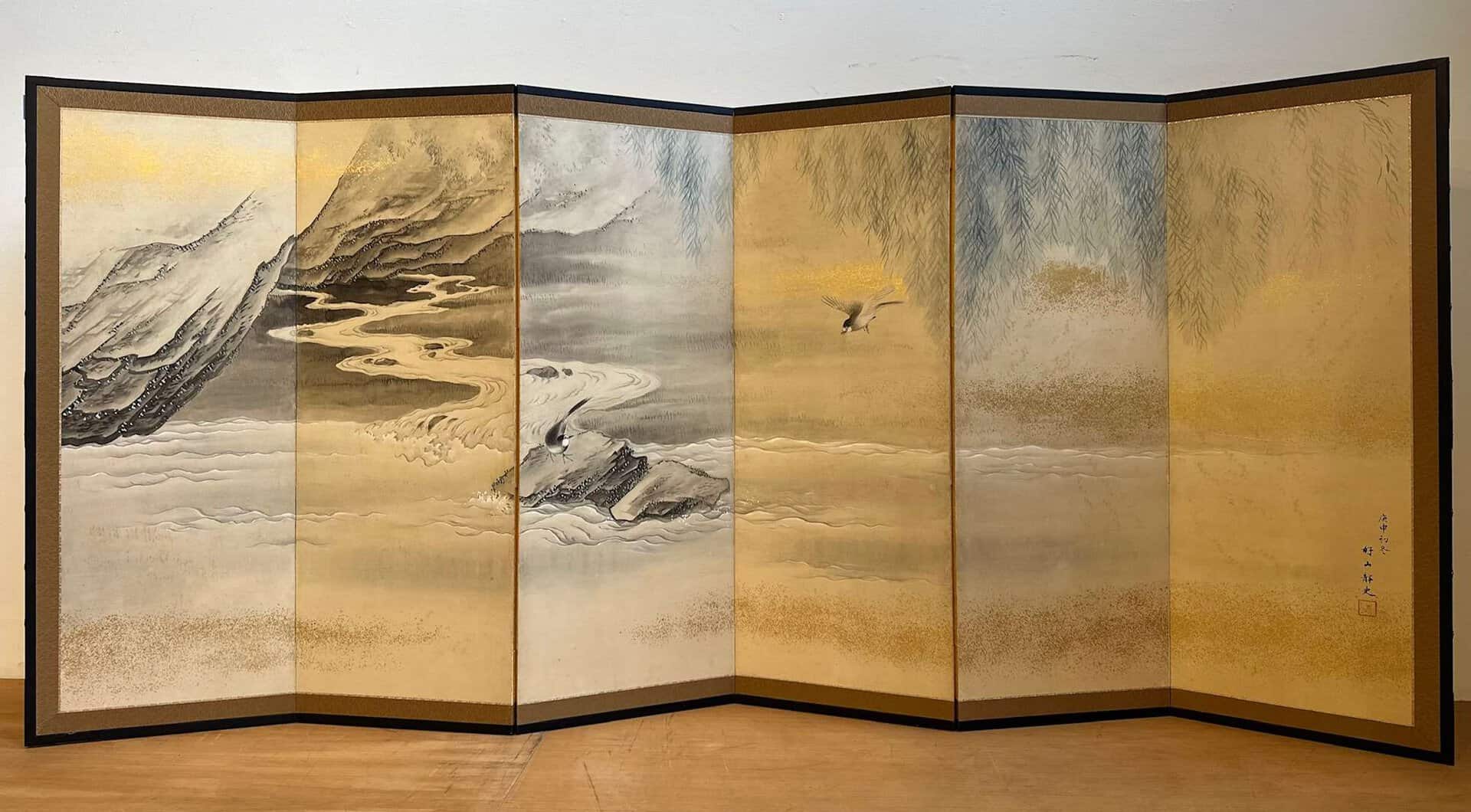 Japanese Screen (Byōbu) Mountain Stream & Willow, Signed Seshi Kozan