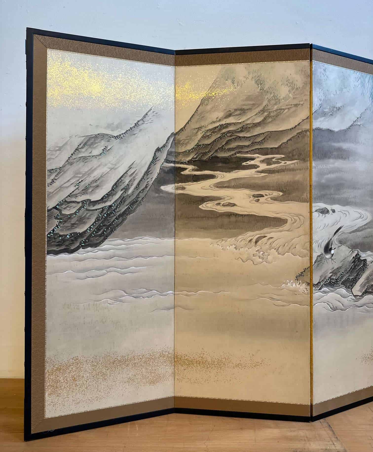 Japanese Screen (Byōbu) Mountain Stream & Willow, Signed Seshi Kozan