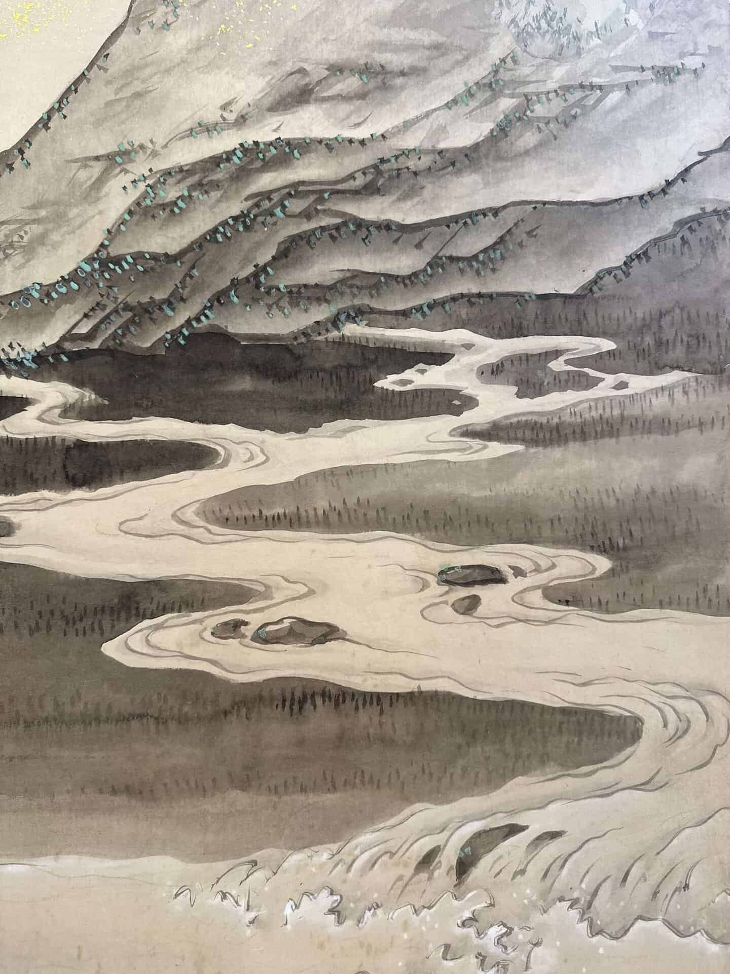 Japanese Screen (Byōbu) Mountain Stream & Willow, Signed Seshi Kozan