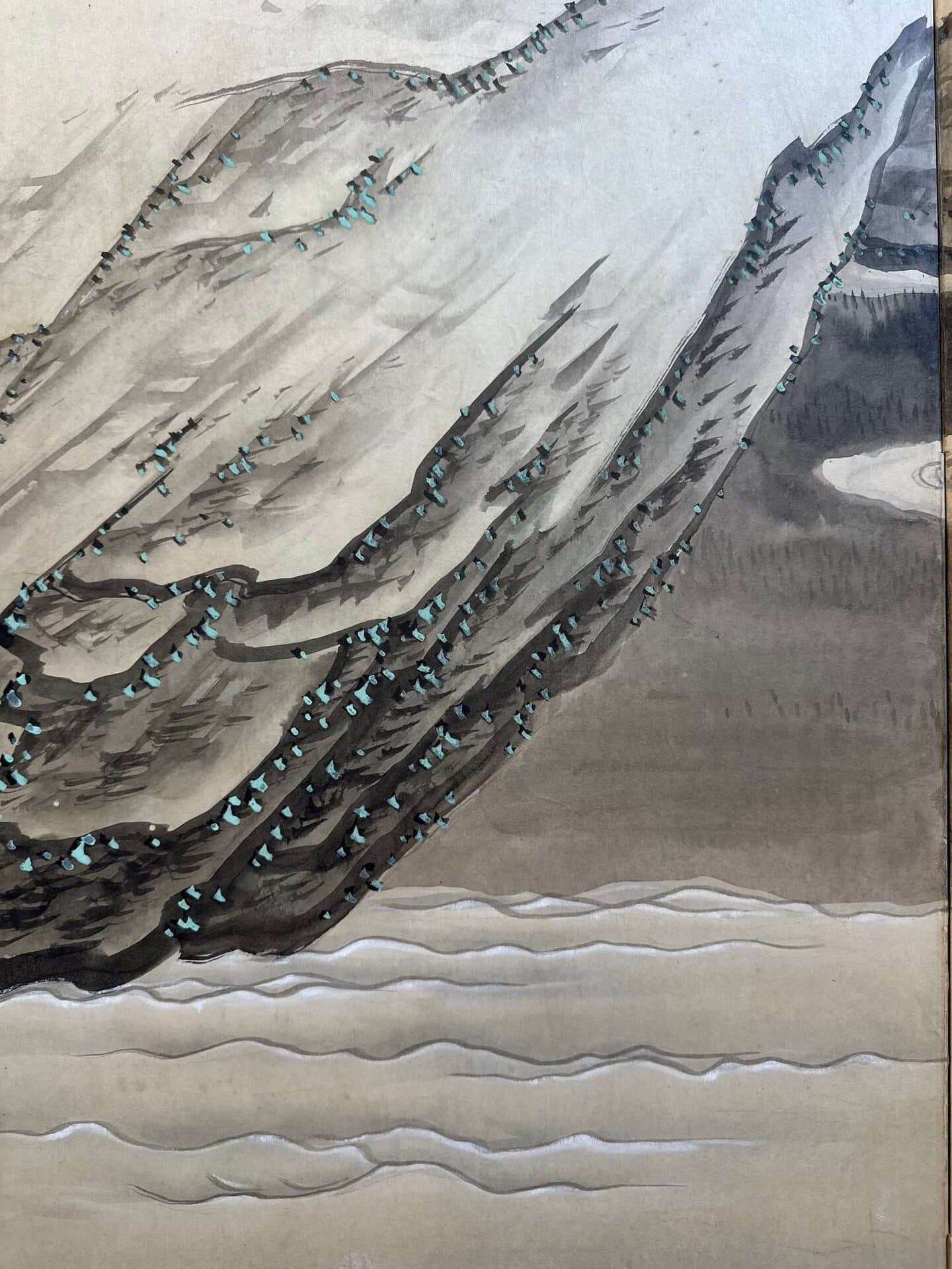 Japanese Screen (Byōbu) Mountain Stream & Willow, Signed Seshi Kozan