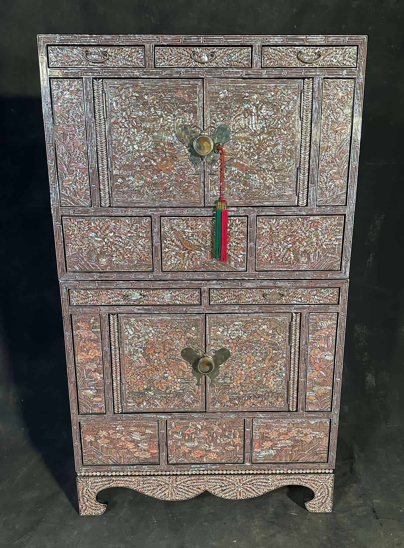 Korean Mother-of-Pearl Inlaid Two-Section Cabinet Auspicious Floral & Landscape