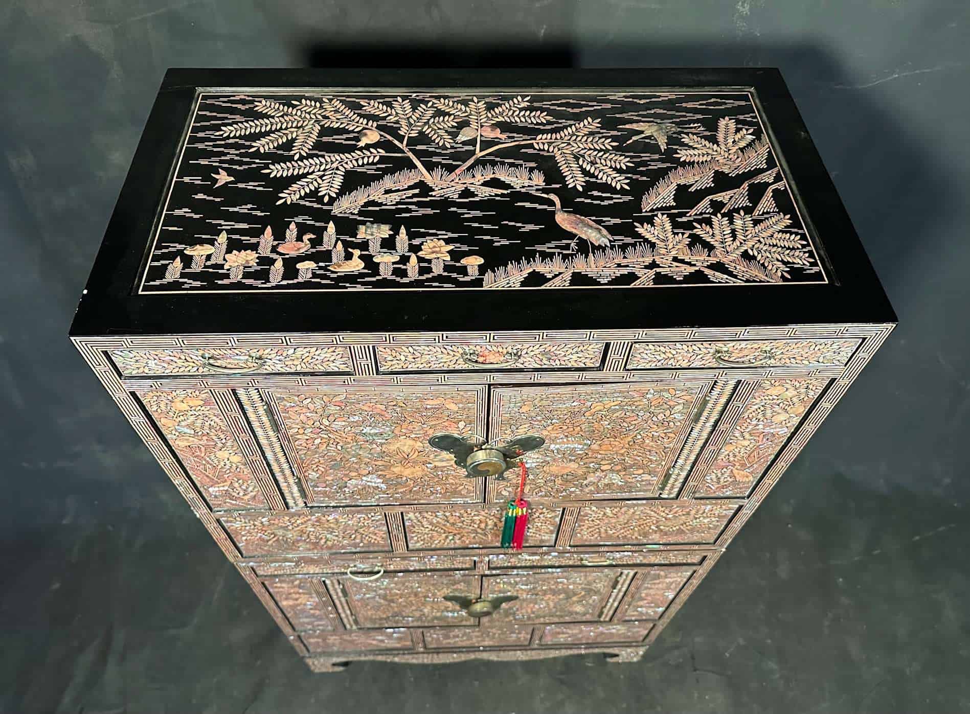 Korean Mother-of-Pearl Inlaid Two-Section Cabinet Auspicious Floral & Landscape