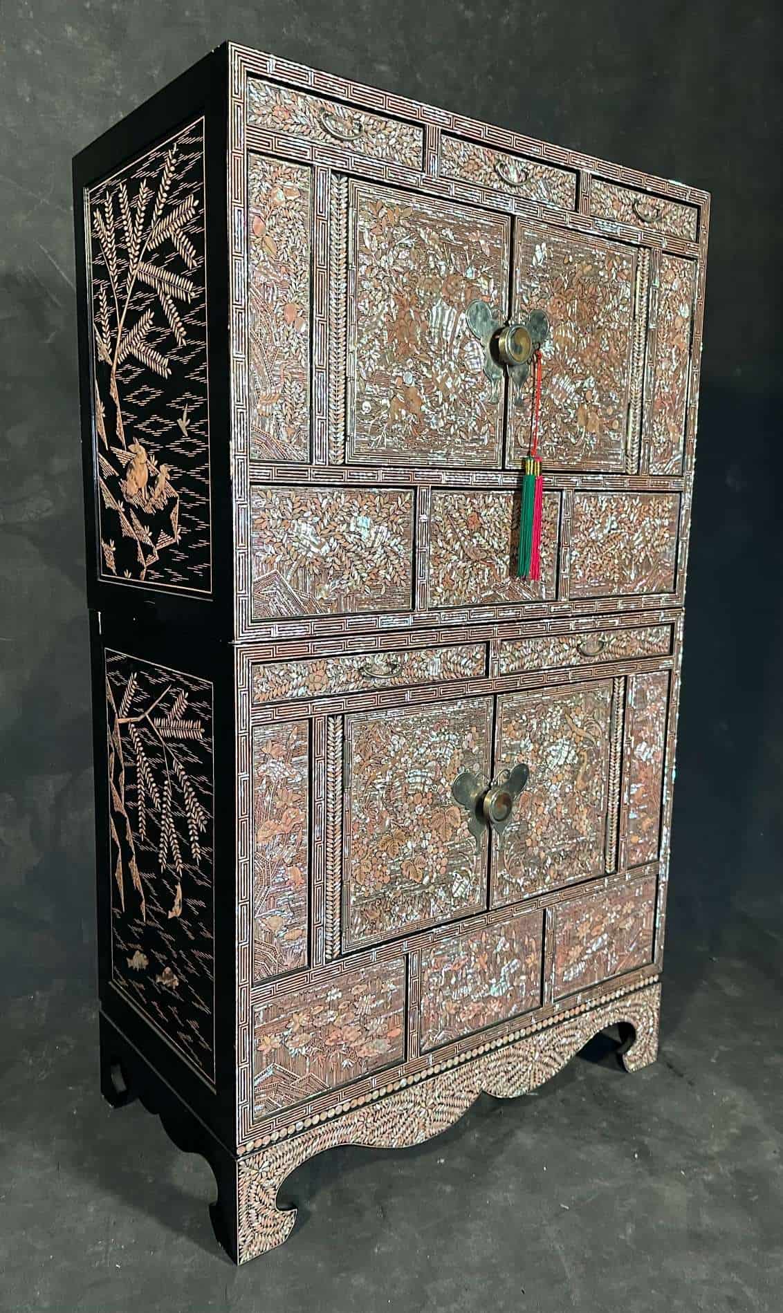 Korean Mother-of-Pearl Inlaid Two-Section Cabinet Auspicious Floral & Landscape