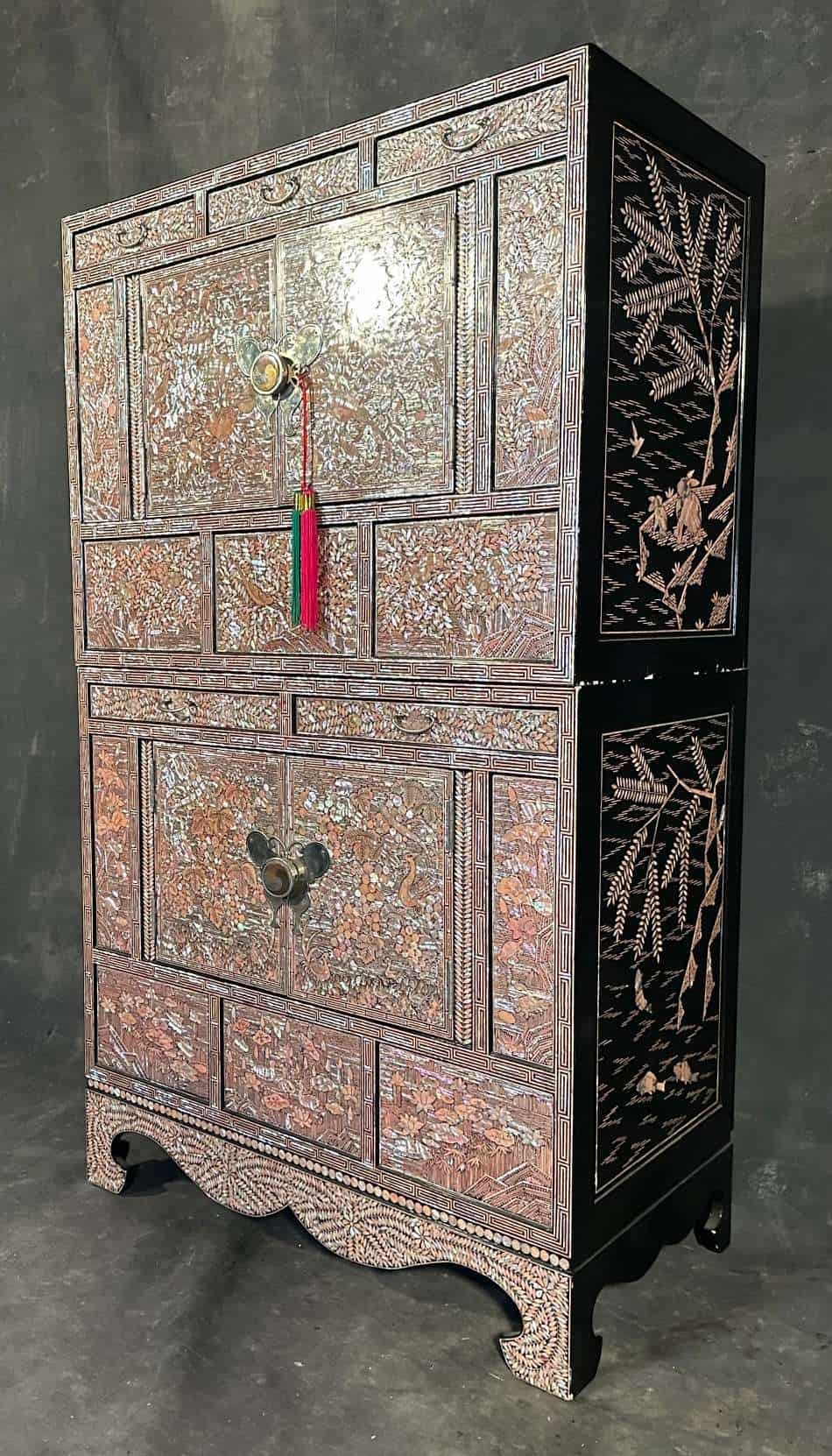 Korean Mother-of-Pearl Inlaid Two-Section Cabinet Auspicious Floral & Landscape