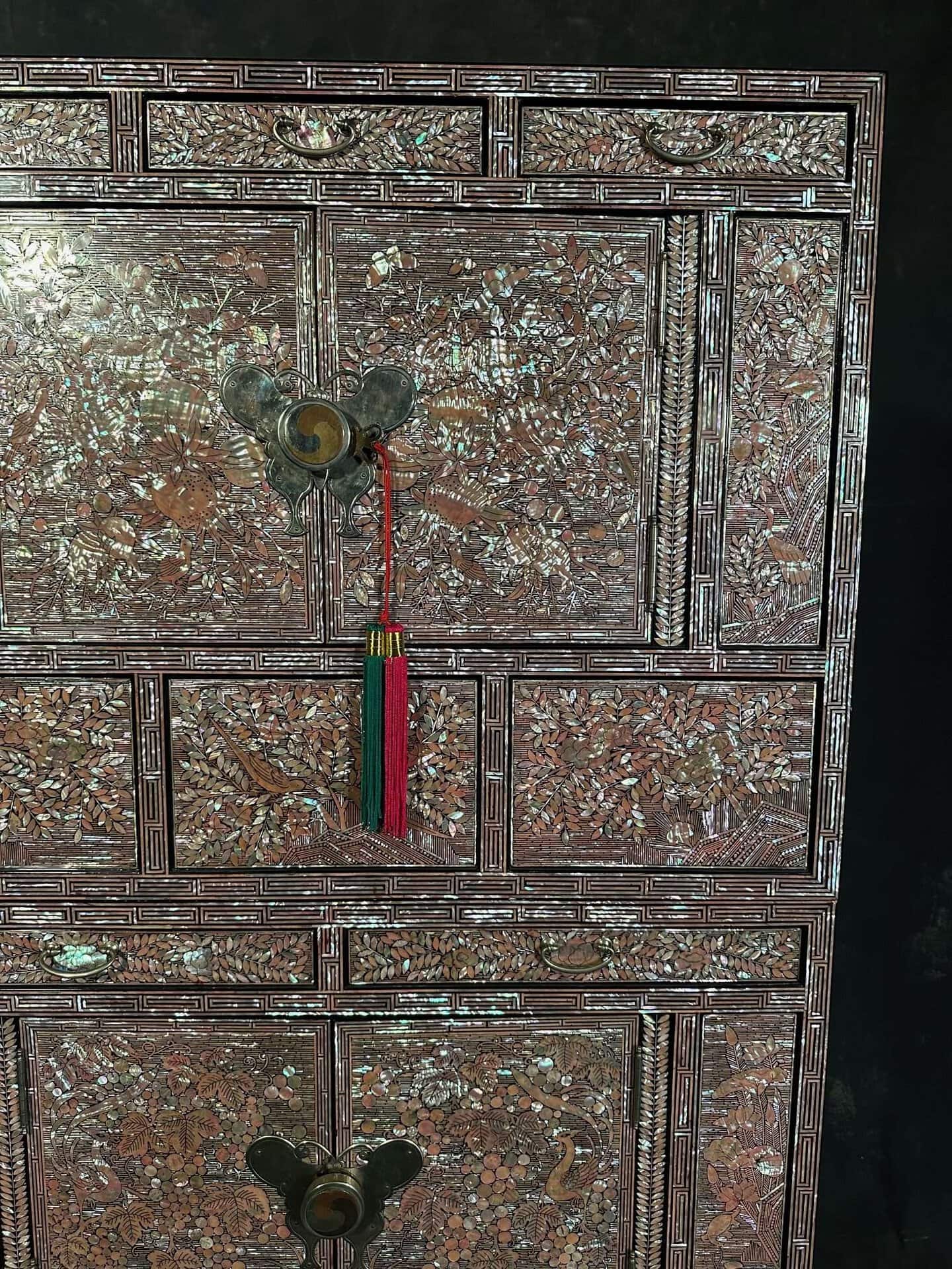 Korean Mother-of-Pearl Inlaid Two-Section Cabinet Auspicious Floral & Landscape