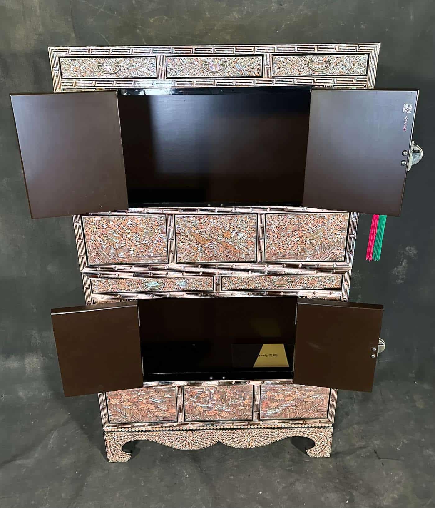 Korean Mother-of-Pearl Inlaid Two-Section Cabinet Auspicious Floral & Landscape