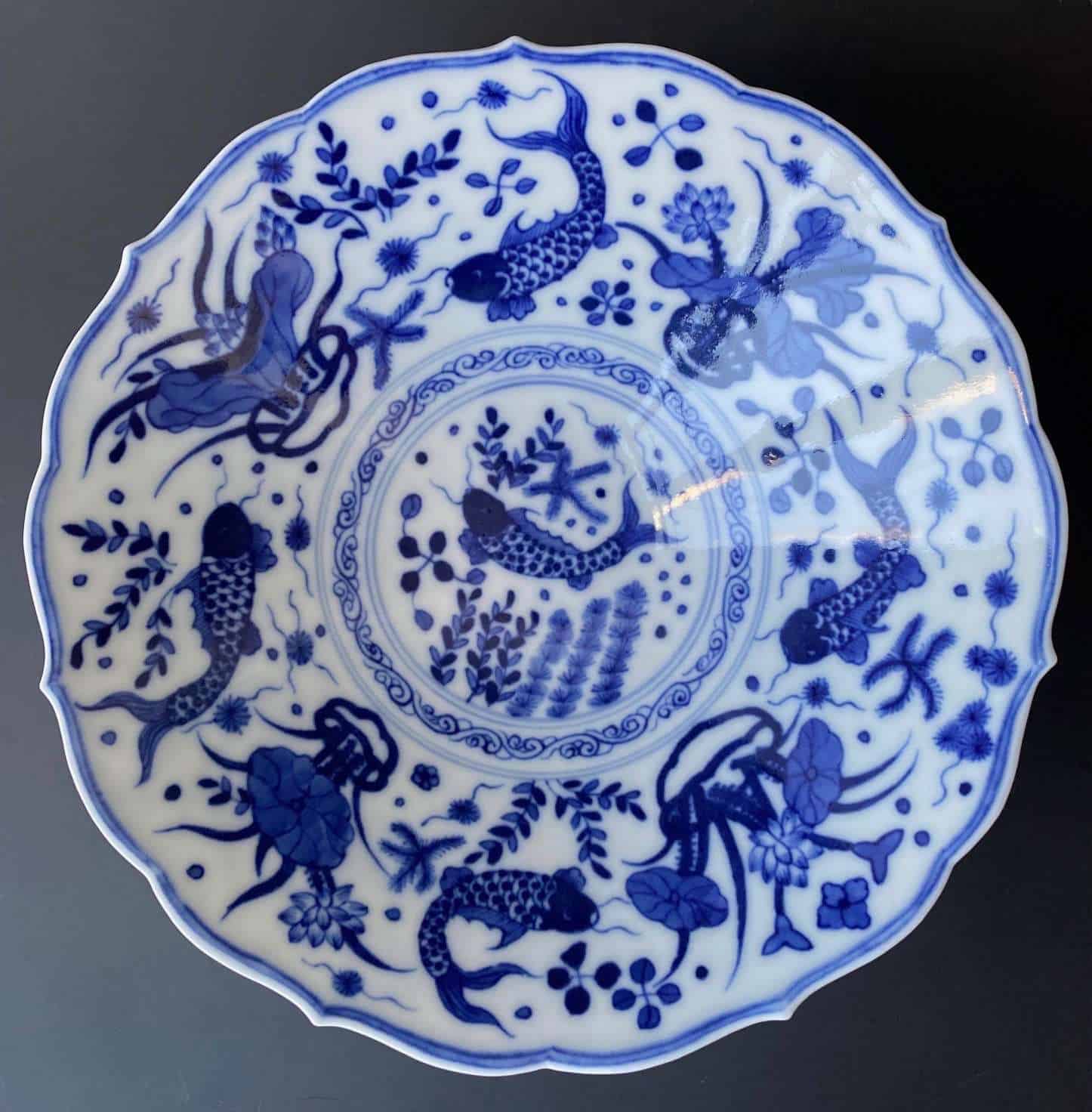 Chinese antique blue and white porcelain dish with fish and water plants