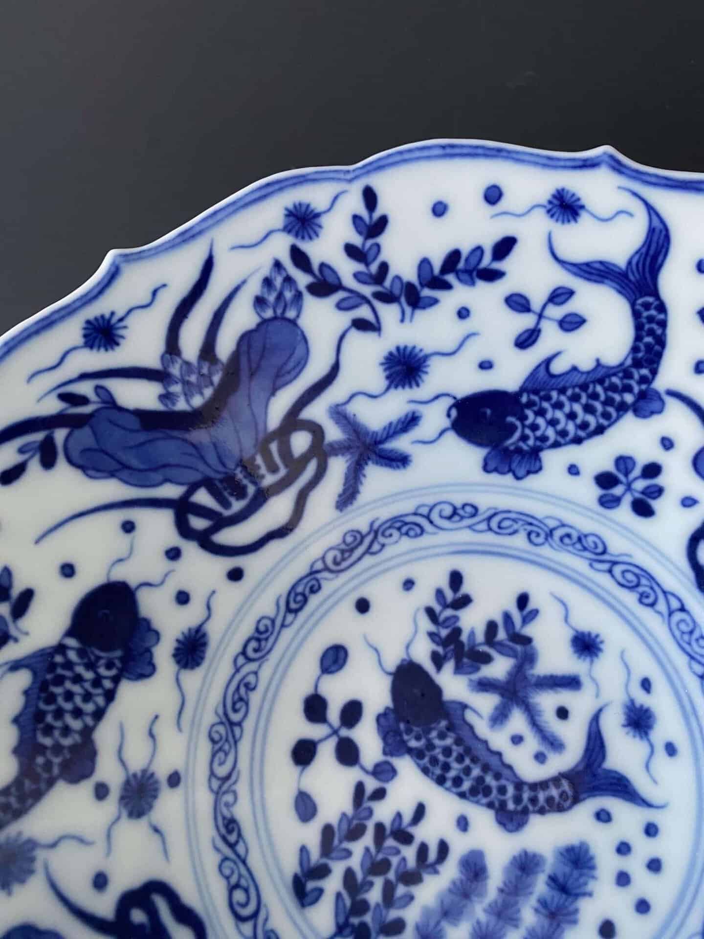 Chinese Antique Blue & White Porcelain Dish with Fish
