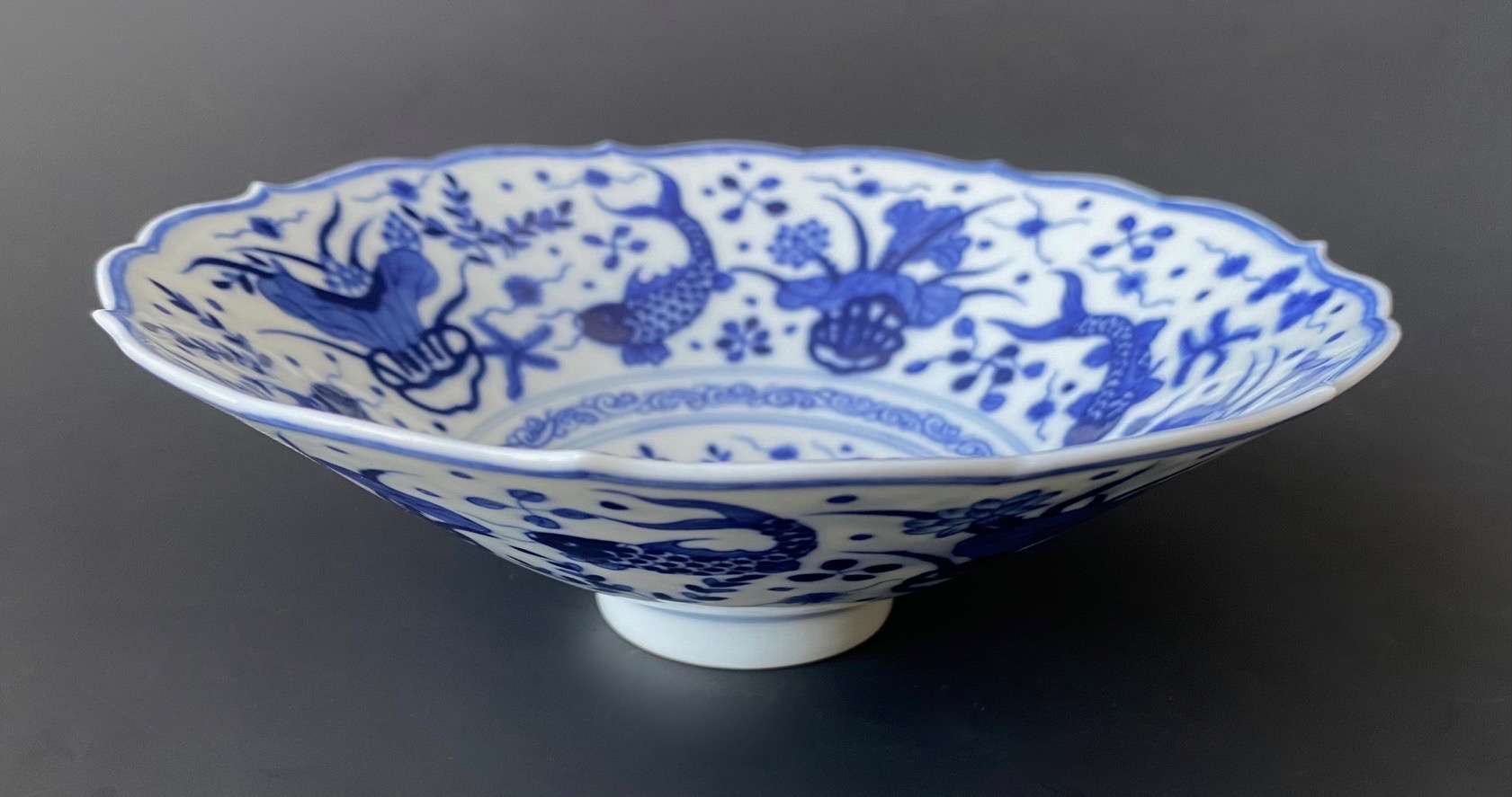 Chinese Antique Blue & White Porcelain Dish with Fish