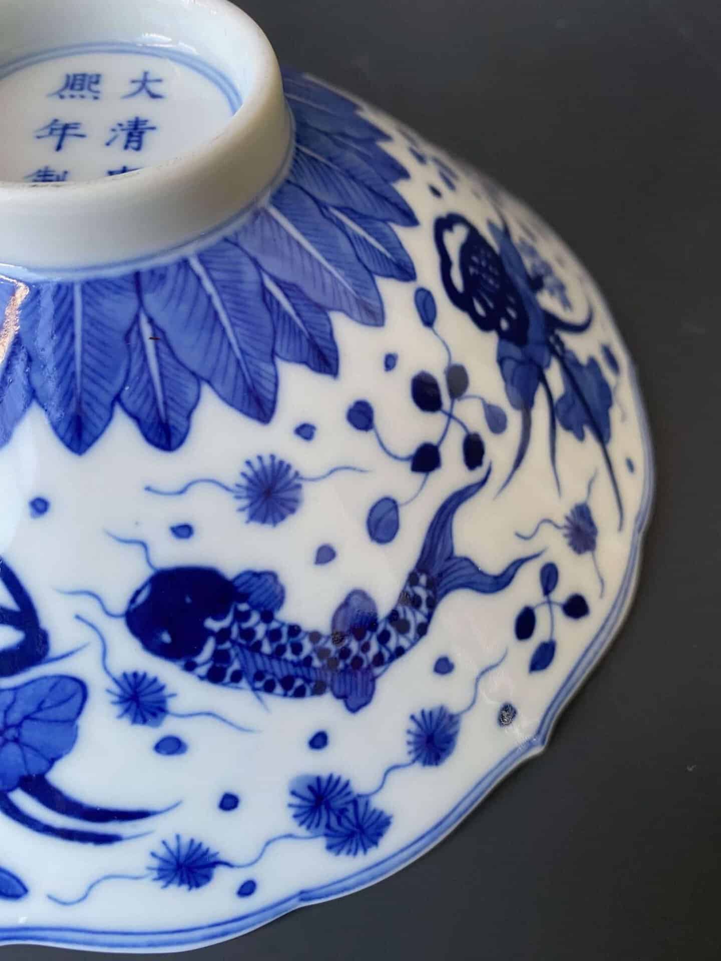 Chinese Antique Blue & White Porcelain Dish with Fish button