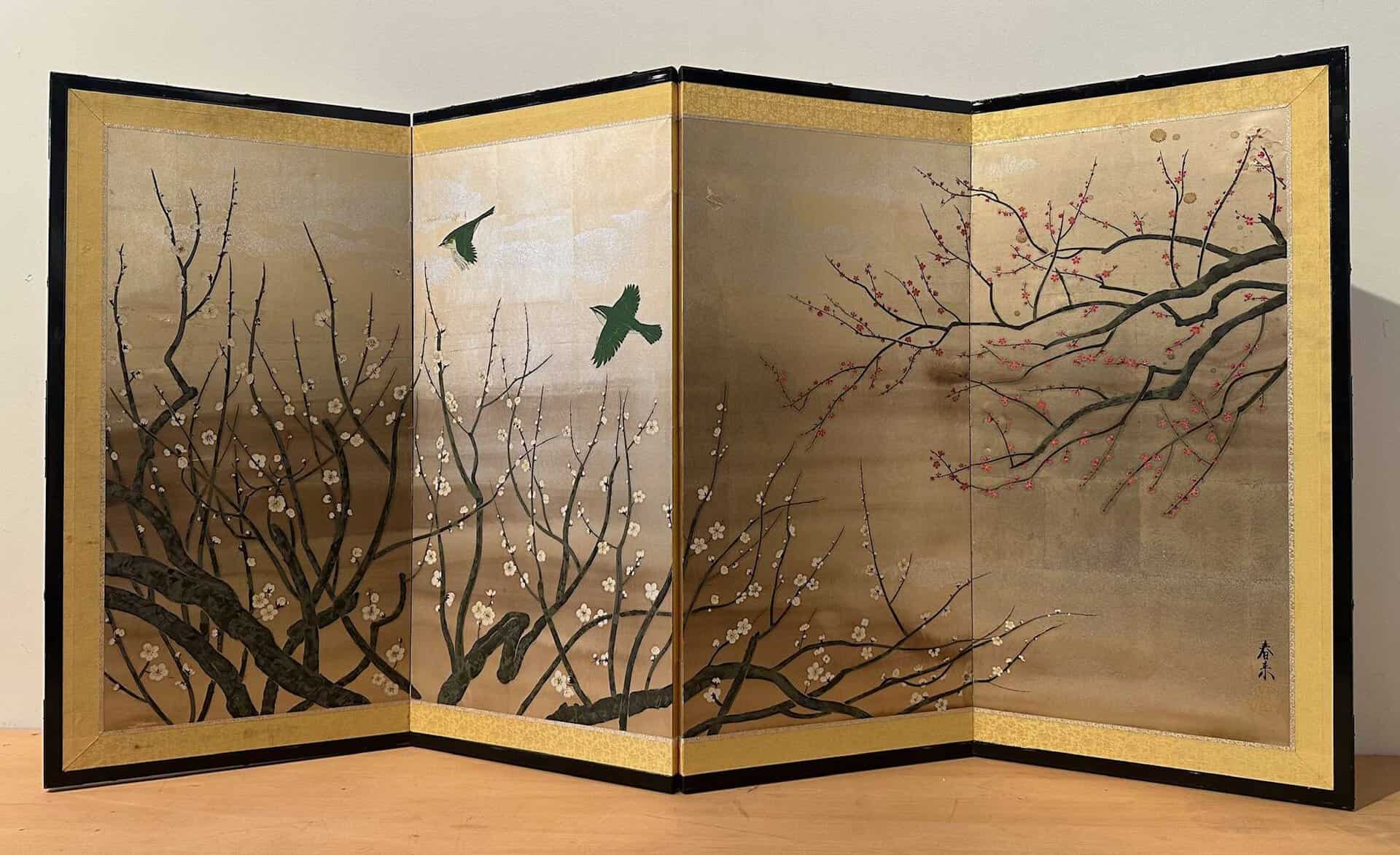 Four-Panel Japanese Screen with White and Red Plum Blossom, Signed