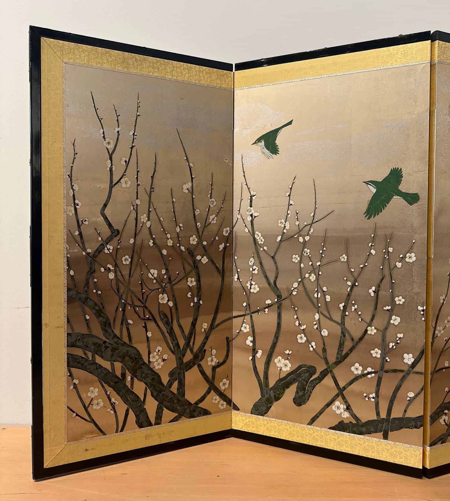 Four-Panel Japanese Screen with White and Red Plum Blossom, Signed