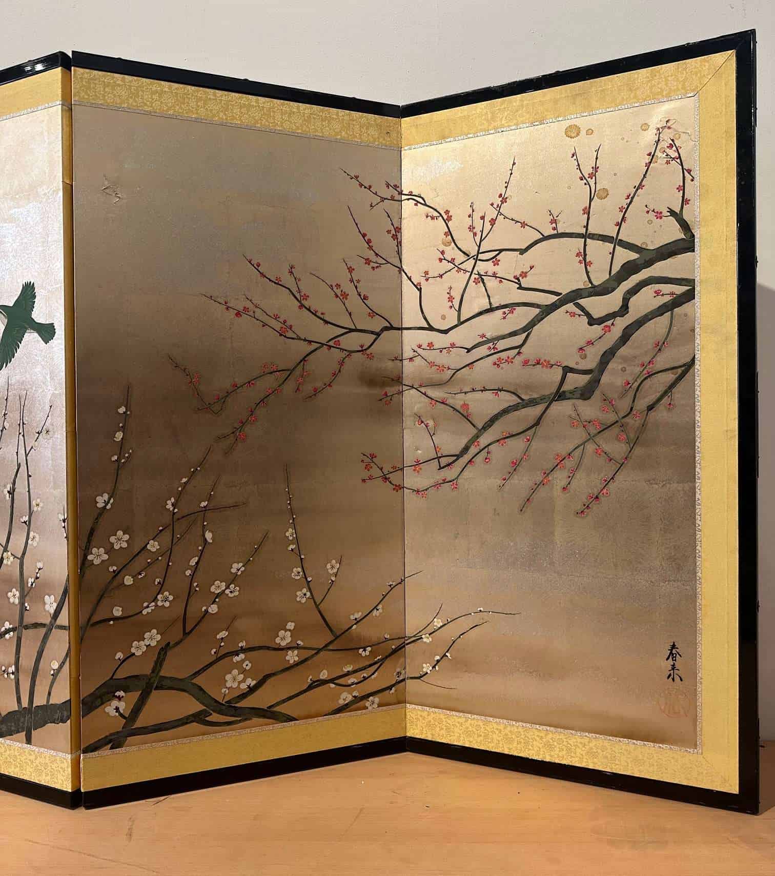 Four-Panel Japanese Screen with White and Red Plum Blossom, Signed
