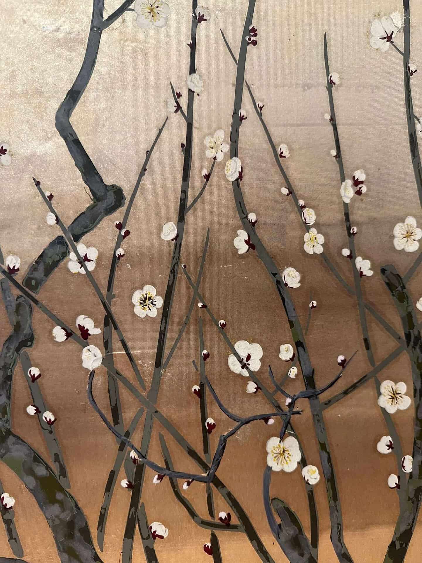 Four-Panel Japanese Screen with White and Red Plum Blossom, Signed