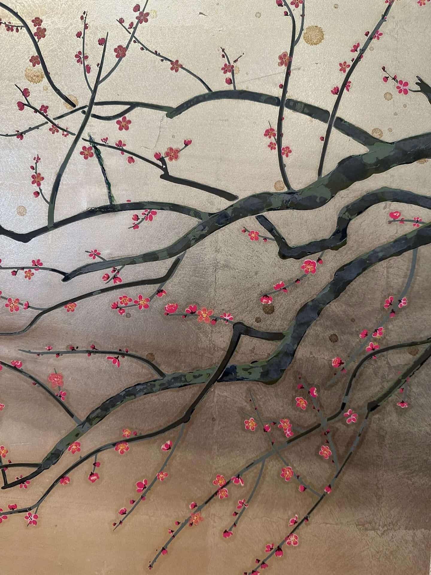 Four-Panel Japanese Screen with White and Red Plum Blossom, Signed close up if Red Plum Blossoms