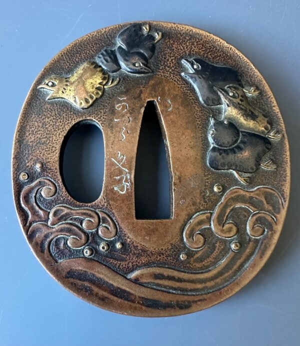 Antique Japanese Bronze Baby Crow Tsuba Katsurano Fumiko