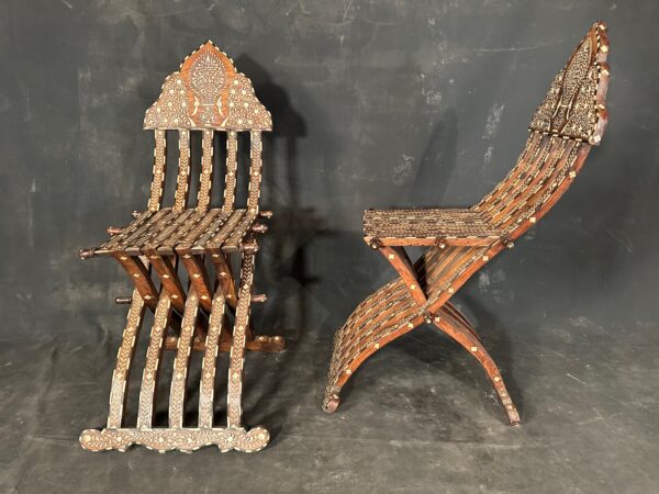 Antique Pair Syrian Moorish Inlay Folding Chairs