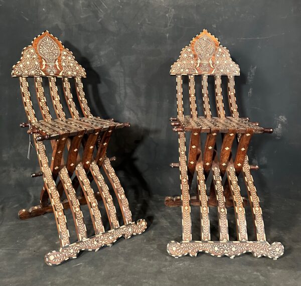 Antique Pair Syrian Moorish Inlay Folding Chairs - Image 3