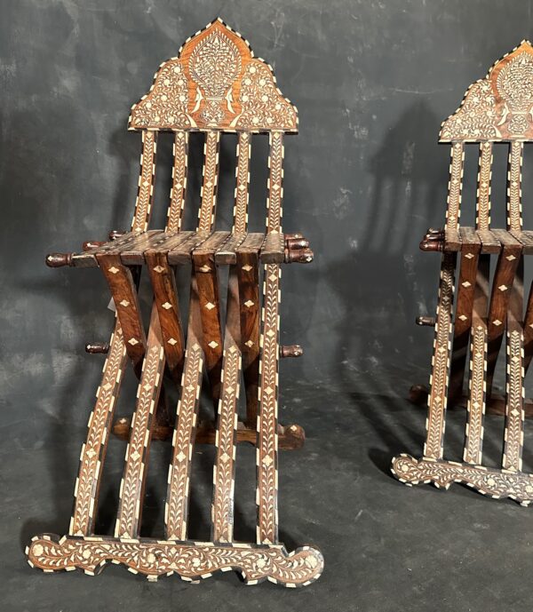 Antique Pair Syrian Moorish Inlay Folding Chairs - Image 6