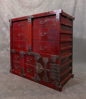 Antique Japanese tansu with original deep-red lacquer finish.