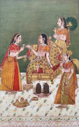 Antique Indian miniature painting of ladies in a harem.