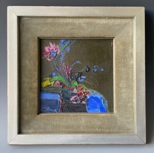 "Flowers on a Blue Table" small oil painting by Henrietta Berk (1919-1990).