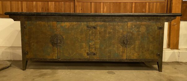 A mid century Chinese buffet finished in a striking patinated bronze over wood.