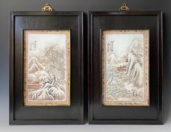 Chinese pair of antique porcelain tile plaques with snowy landscapes