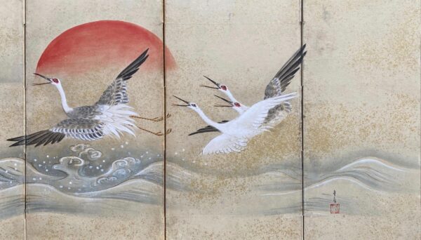 Japanese antique small 6-panel screen painting of five cranes flying over waves