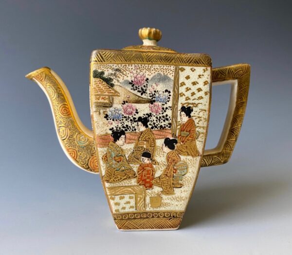 Japanese antique Satsuma tea pot with ladies and arhats