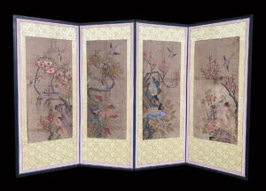 Korean antique screen painting in four panels. Painted with scenes of various types of birds and plants.