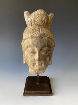 Chinese antique stone head of a bodhisattva with tall crown
