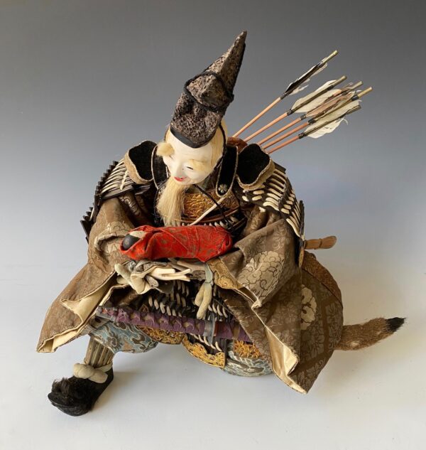 Japanese antique musha-ningyo samurai doll of Takenouchi no Sukune and baby Ojin