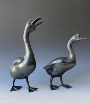 Japanese antique pair of bronze geese
