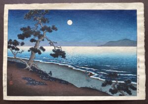 Japanese woodblock print by Koitsu Tsuchiya, Moon at Sumanoura Beach