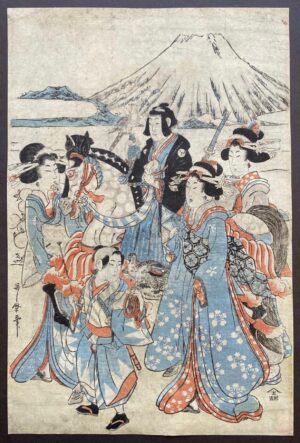 Utamaro woodblock print of a young nobleman and female attendants with horse and falcon near Mt. Fuji
