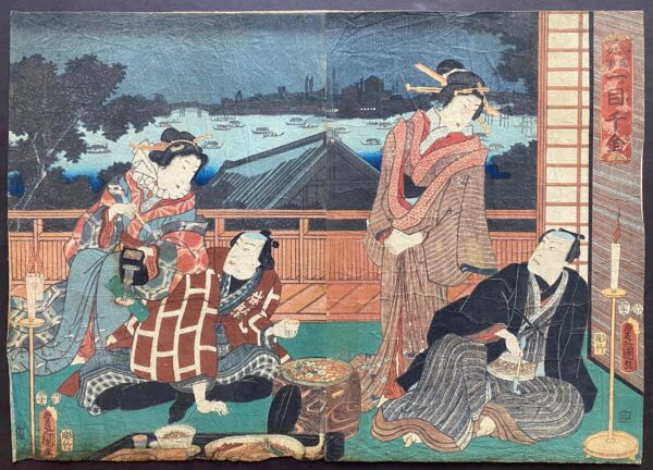 Kunisada (Utagawa Toyokini III) woodblock print of beauties entertaining samurai or actors