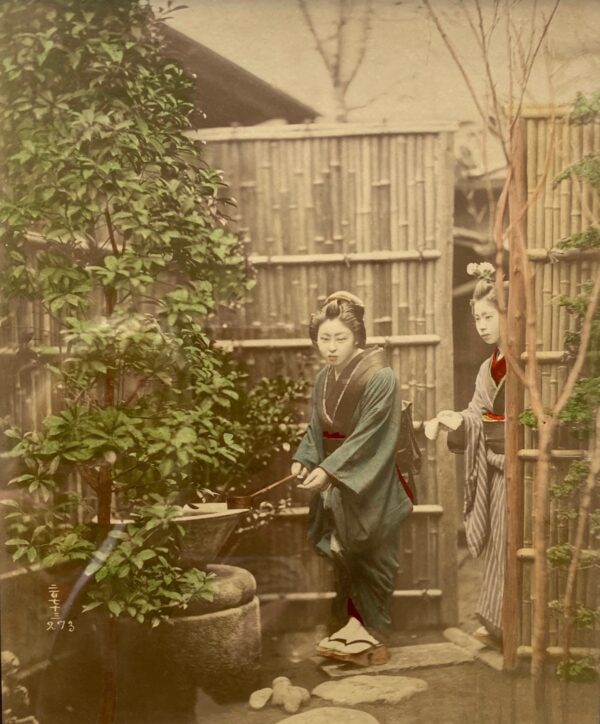 Japanese antique hand colored photograph of beauties in a garden