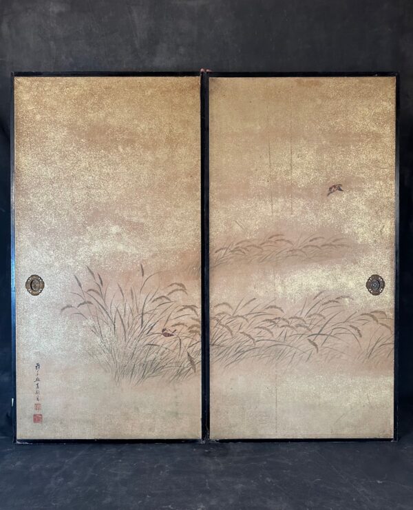 Pair of Japanese interior sliding door panels painted with sparrows in rice fields. 