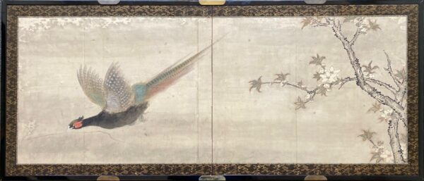 Japanese antique byobu screen painting of pheasant