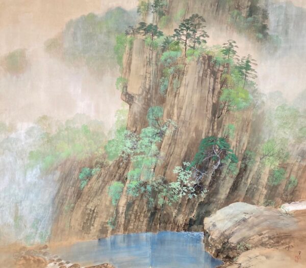 Japanese screen painting with landscape of cliff and trees, mist and water, Taisho Period