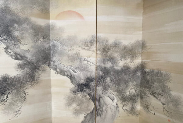 Japanese pair of screen paintings with pine trees and sun and moon