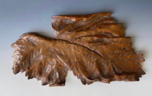 Japanese antique carved wooden leaf tray with poem