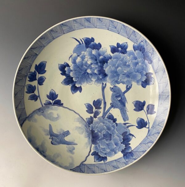 Japanese antique large blue and white porcelain charger with birds and flowers