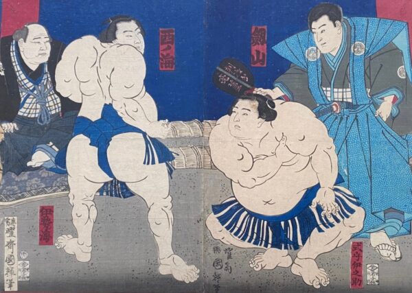 Japanese antique woodblock print of two sumo wrestlers