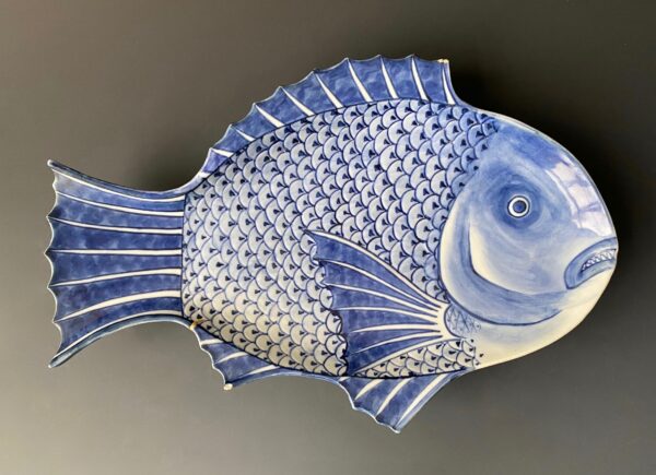 Japanese antique Kutani ware porcelain blue and white fish plate