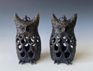 Japanese antique pair of iron lanterns in the form of owls