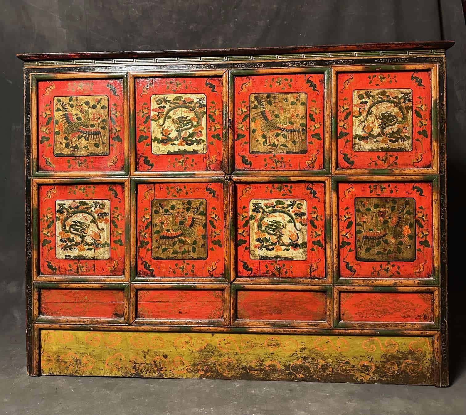 Antique Tibetan Painted Cabinet Auspicious Panels