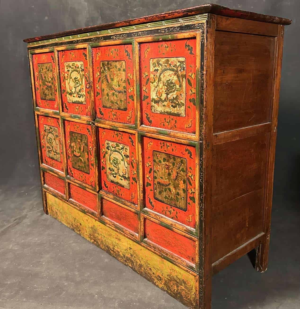 Antique Tibetan Painted Cabinet Auspicious Panels - Image 3
